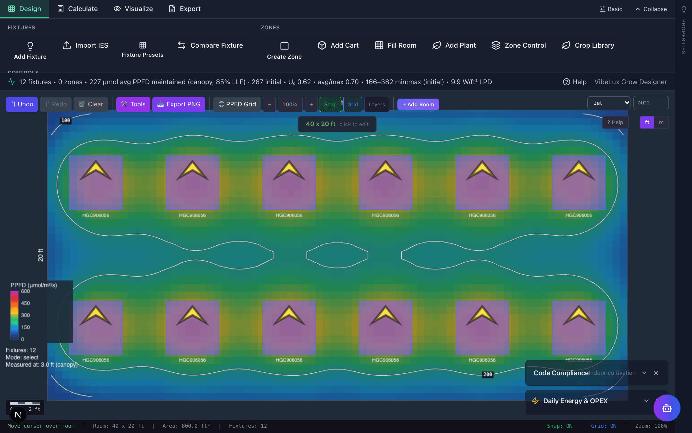VibeLux lighting designer showing a grow room layout with fixtures and a PPFD heatmap